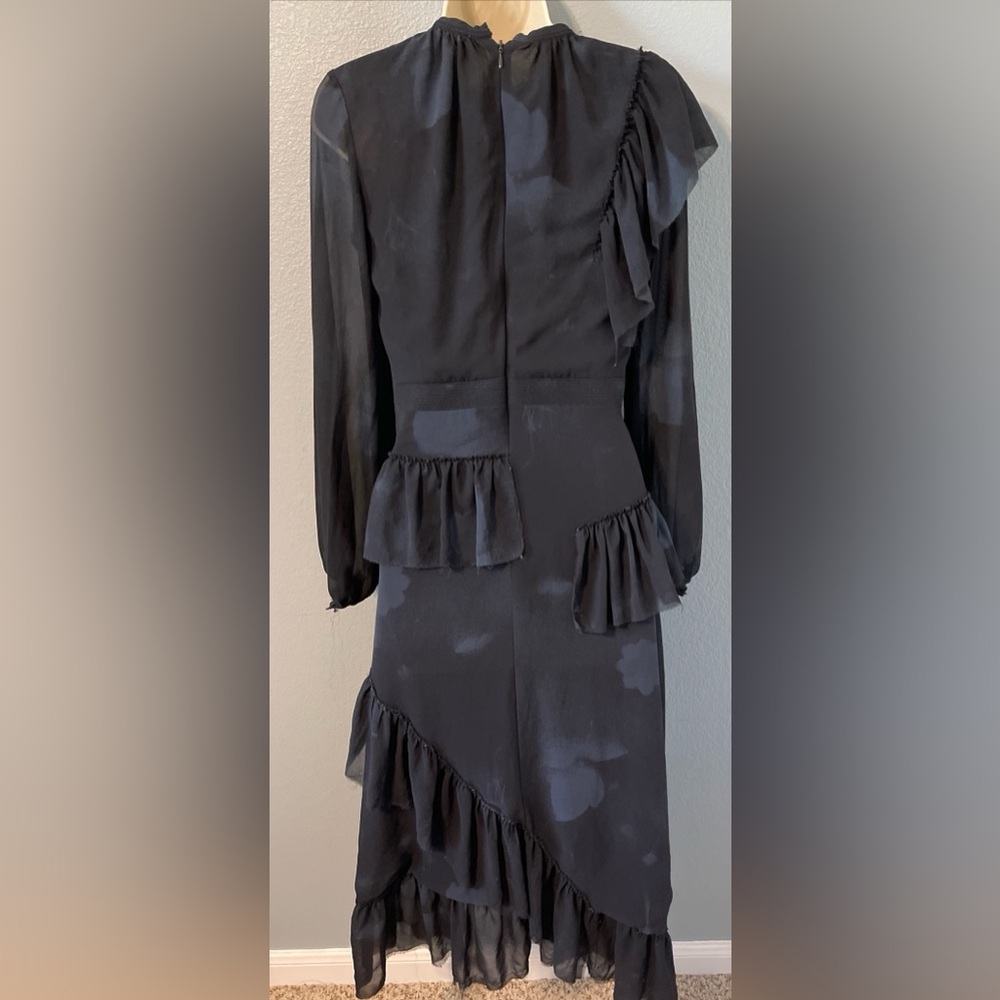 H&M Black & Blue Ruffle Midi Dress Sheer Overlay Boho Goth Romantic Fairy Size 4 - Picture 3 of 7